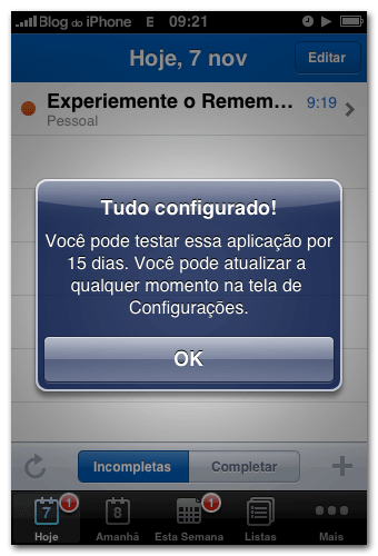 Depois de configurado, o aviso de 15 dias
