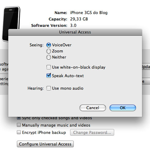 Configurando o acesso universal do iPhone no iTunes