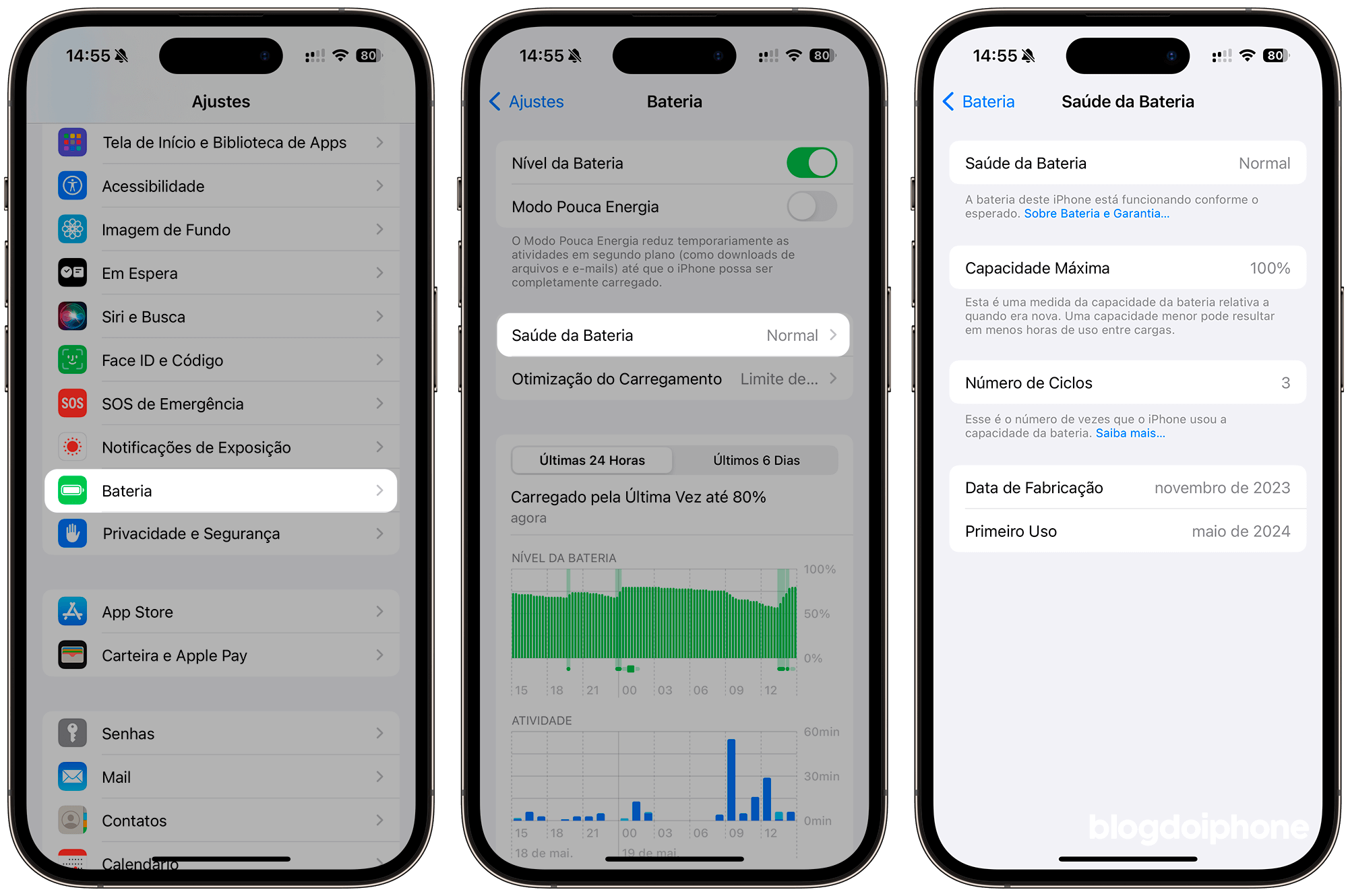 tela de saúde da bateria no iPhone
